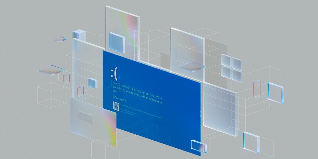 A stylized digital representation of a computer crash screen with a blue error message, surrounded by transparent, holographic-like floating squares and rectangles, illustrating the CrowdStrike incident.