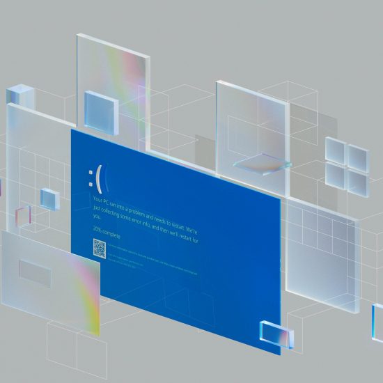 A stylized digital representation of a computer crash screen with a blue error message, surrounded by transparent, holographic-like floating squares and rectangles, illustrating the CrowdStrike incident.